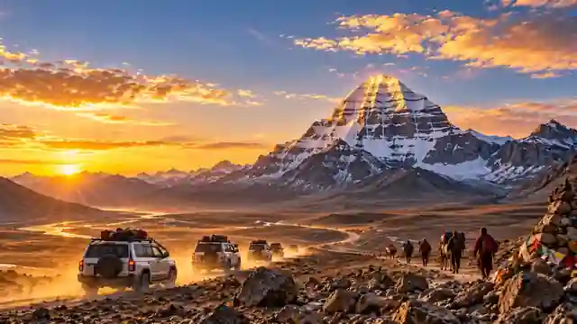 Yatris progressing through the Kailash high-altitude landscape